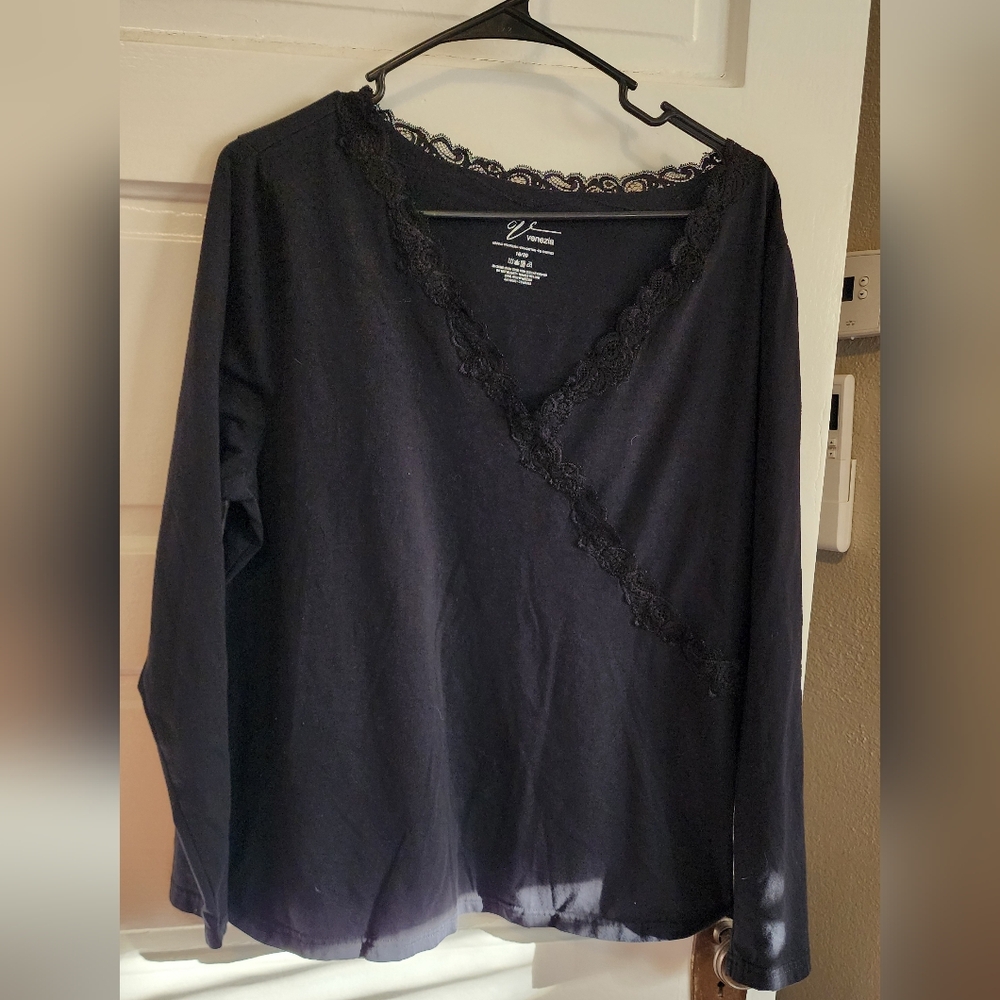 Venezia Black Long Sleeve Top with Lace Detail